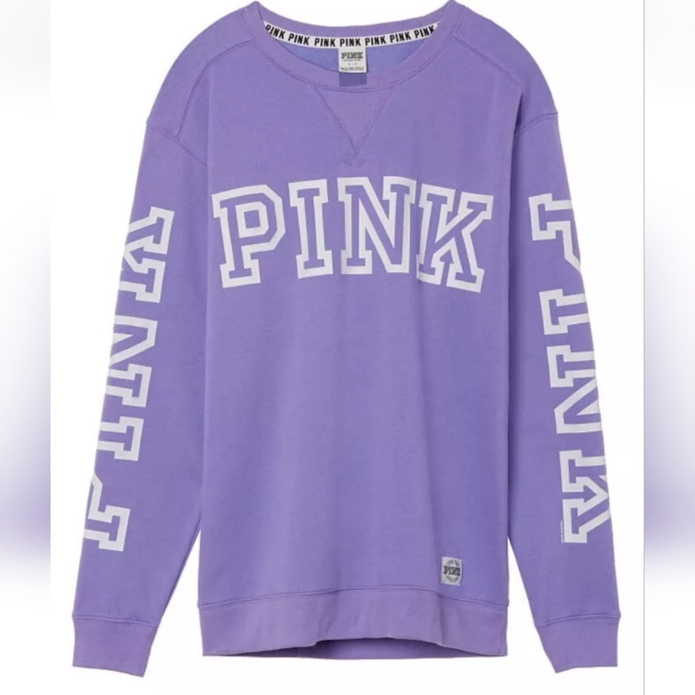 Victoria's Secret PINK Campus Crew Sweatshirt Size Large Purple Big Spell Out
